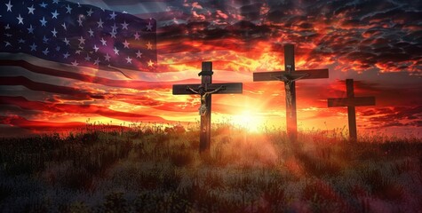 three crosses on the background of an American flag at sunset, Easter style Generative AI