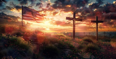 three crosses and an american flag with the sun setting in background Generative AI