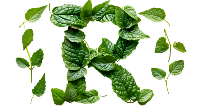 Letter R Made with Leaves, PNG File, Transparent Background, Isolated on White