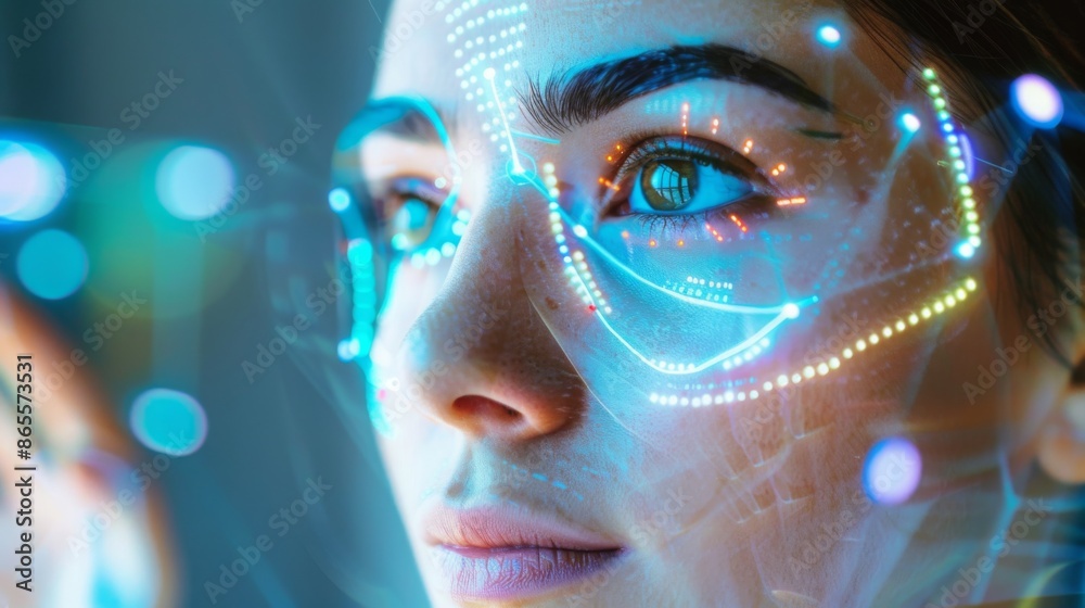 Poster A close-up image of a womans face, illuminated by a vibrant digital interface. The womans expression is focused and engaged, suggesting interaction with the technology.