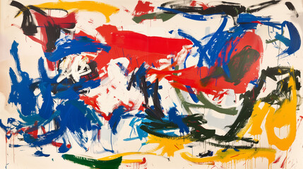 Vibrant Abstract Expressionist Painting with Bold Brush Strokes of Red, Blue, Yellow, and Black in Modern Art Style