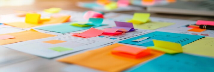 Colorful sticky notes and paper on a desk for business planning. Ideal for brainstorming sessions and creative meetings