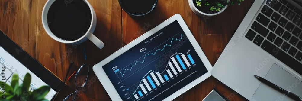 Aufkleber Overhead view of a digital tablet with financial graphs on a desk with coffee and a laptop. Business strategy and modern workspace setting