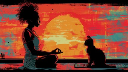 Zen Harmony with Feline Friends: Yoga Practice at Home in Pop Art Style