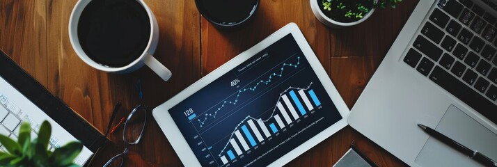 Naklejka premium Overhead view of a digital tablet with financial graphs on a desk with coffee and a laptop. Business strategy and modern workspace setting