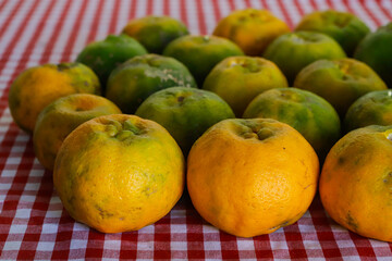 Organic tangerine (Citrus reticulata), on a red and white towel, with some stains. The fruit is also known as ponca, tangerine, morgote, bergamot or mimosa, a fruit with a strong