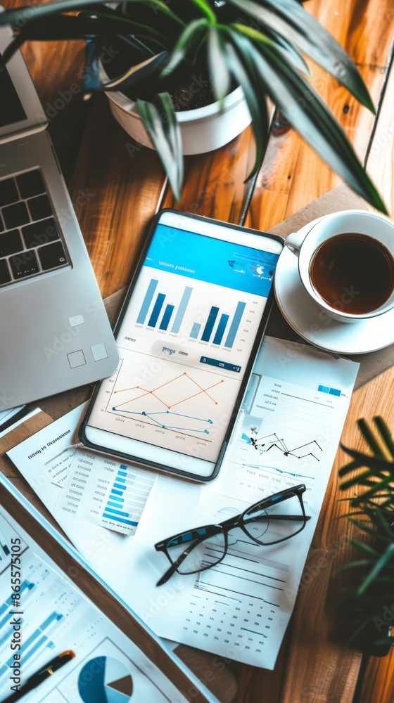 Aufkleber digital tablet displaying financial charts with coffee and laptop on a wooden desk. business plannin