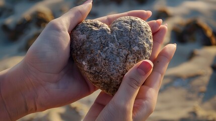 Stone heart in the palm, heart on the palm