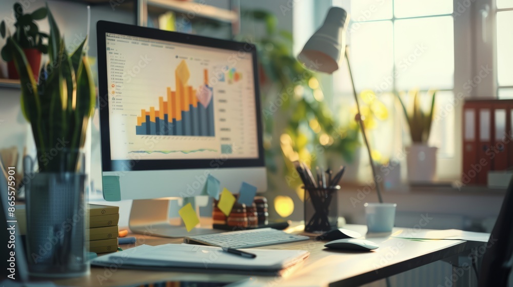 Poster Bright home office with a desktop computer displaying business charts. Modern workspace and financial planning concept