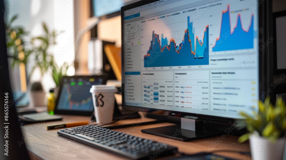 Poster computer monitor showing detailed financial data charts on a desk with coffee. professional financia
