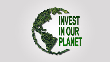 Invest in our planet. Earth day 2025, 2026, 2027 3d concept background. Ecology concept. Design with 3d globe map drawing and leaves isolated on white background. 