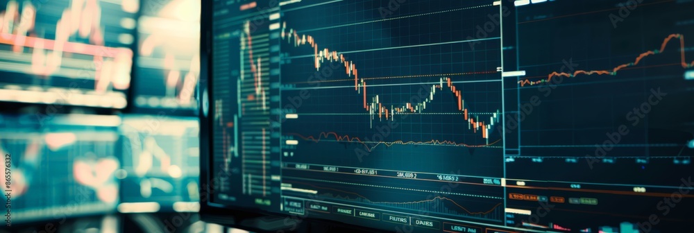 Poster Multiple monitors displaying financial charts in a trading office. Advanced financial analysis and stock market strategy