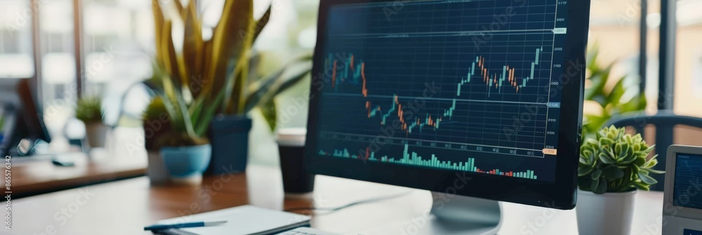 Aufkleber office desk with computer monitor displaying financial charts and green plants. professional workspa