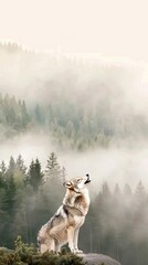 A wolf stands on a rock with a misty forest behind it at dawn