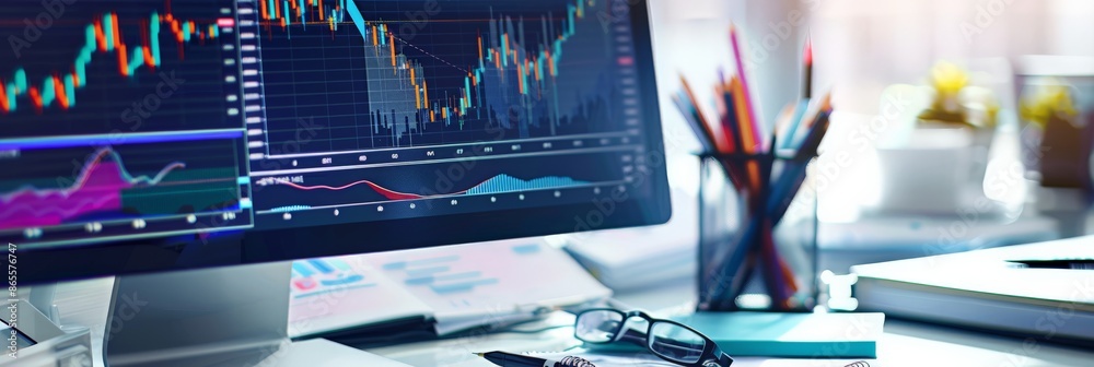 Poster Close-up of a computer screen displaying stock market graphs and data analysis. Modern workspace with pencils and documents. Suitable for financial planning and investment strategy