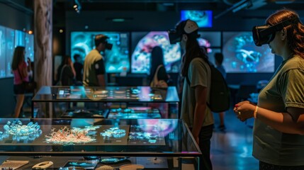 A woman wearing VR goggles interacts with a digital exhibit in a modern museum setting. The display features holographic imagery and other interactive elements.