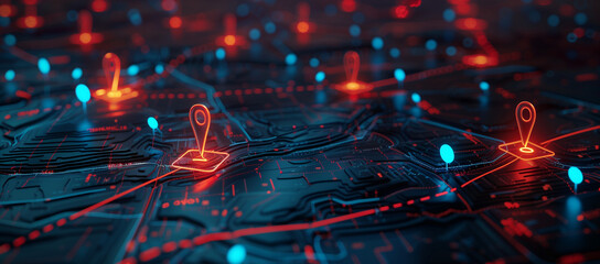 3d map of city with red glowing location pins and blue lines connecting them, dark background, low angle shot, hyper realistic.