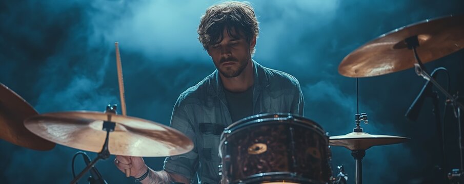 Atmospheric image of a drummer playing at a concert with smoke and dramatic lighting