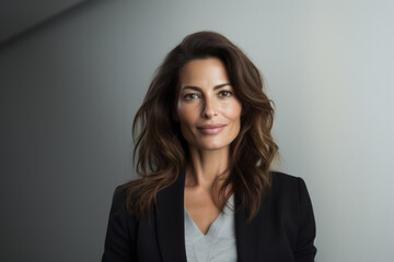 Obraz premium Portrait of beautiful middle aged woman wearing black suit in office