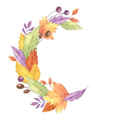 Autumn leaves watercolor wreath. Colorful Yellow, orange, red, purple foliage and berries clipart. Round frame Design element for autumnal decor, thanksgiving day, cards, gift tags, scrapbooking
