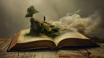 Person Standing on Clifftop Emerging From Open Book With Clouds and Tree