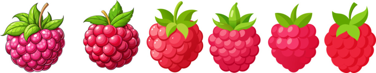 Six Red Vector Raspberries With Green Leaves on Transparent Background