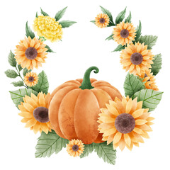 Watercolor Hand drawn illustration Rustic watercolor autumn pumpkin sunflower marigold flowers maple foliage fall wreath Arrangement.