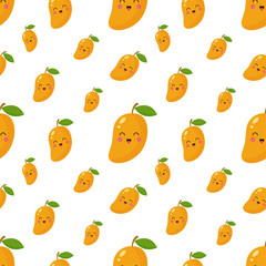 Seamless pattern with mangos, yellow bananas,and juicy strawberries on mint green background. Cute vector background. Bright summer fruits illustration. Fruit mix design for fabric and decor.