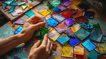 Fototapeta premium Vibrant hand crafting session showing hands sorting through