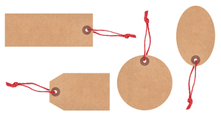 Set of blank paper tags of various shape with red twine isolated on transparent background