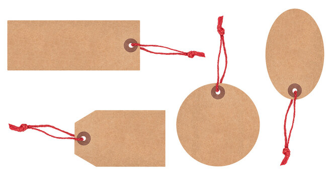 Set of blank paper tags of various shape with red twine isolated on transparent background