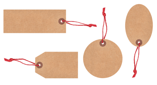Set of blank paper tags of various shape with red twine isolated on transparent background
