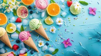 Fototapeta premium Vibrant Ice Cream Cones with Summery Elements and Refreshing Beverages