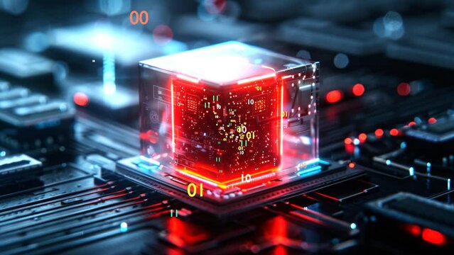 Futuristic glowing cube motherboard chipset spewing binary code, tech,  concept, animation , animated,  motion graphics , hd video 1920 1080 , electronic , computer generated
