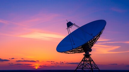 Contemporary photograph of a giant satellite dish against a sunset landscape, merging technology with natural beauty, Modern, Vibrant sunset hues, Highresolution, Detailed dish, expansive sky