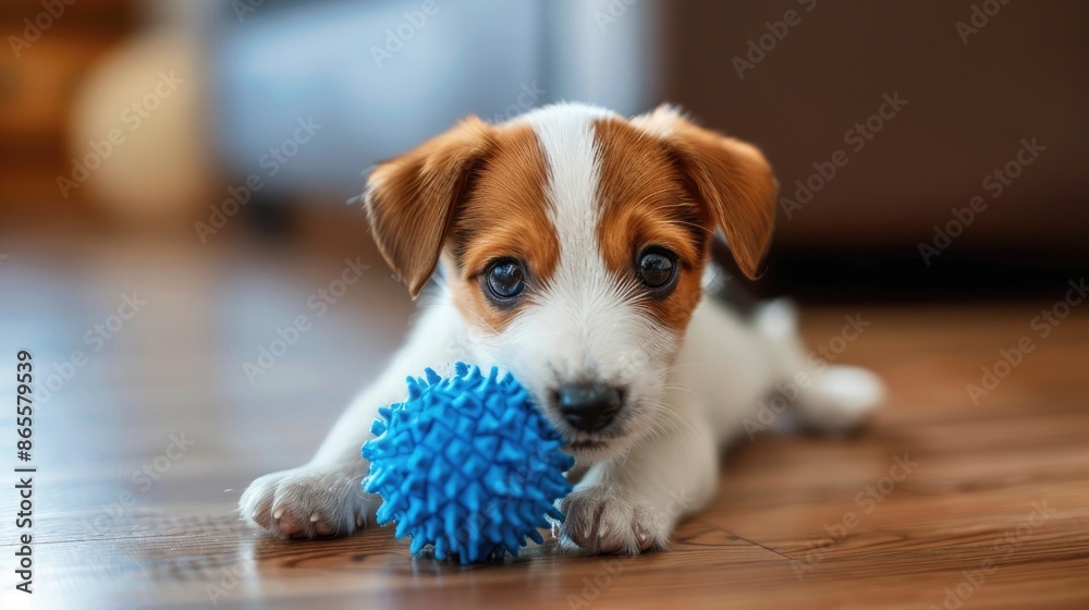 Poster Adorable Jack Russell puppy playing with blue toy on floor