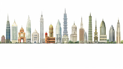 Obraz premium A painting of a cityscape with many buildings and a boat in the foreground.