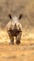 Obraz premium A young white rhinoceros calf stands on sandy ground in a zoo exhibit, facing to the right