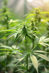 Naklejka premium Close up of a green leaf of marijuana, cannabis, plant, close up, macro, marijuana, leaf, ganja, herb, medical, recreational, drug, hemp, THC, CBD, natural, organic, botany, foliage