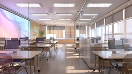 An empty computer lab classroom with rows of desks and computers. The room is lit by large windows and fluorescent lights.