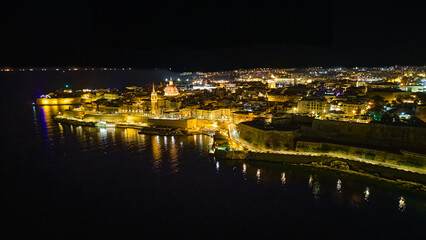 Basilica of Our Lady of Mount Carmel, Valletta night drone view. Stunning Night Views of Malta