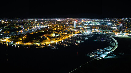 Royal Malta Yacht Club. Valletta night drone view. Stunning Night Views of Malta