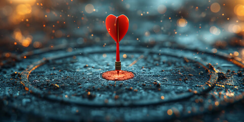 A red arrow hit the center of the target on a blue blurred background, representing business goals and a concept of success.