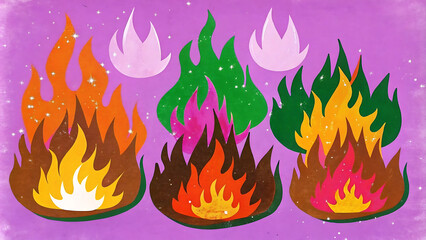 set of burning fires with flames and sparks on transparent background
