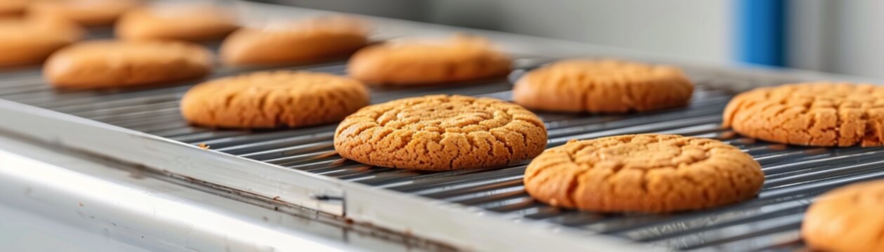 Cookies on a conveyor belt moving through a bakery production line, detailed representation of the industrial baking process in a factory setting, Industrial, Neutral metallic tones, Highresolution, C
