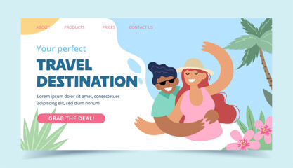 Travel destinations summer landing page. Happy couple smiling for a picture. Concept vector illustration
