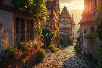 enchanting medieval street cobblestone pathway winding through halftimbered houses in rothenburg ob der tauber golden hour light flower boxes charming details