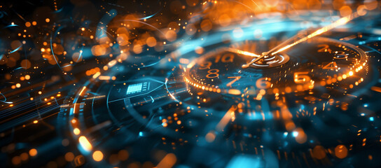 Abstract digital background with futuristic time clock and glowing lights, symbolizing speed in data technology