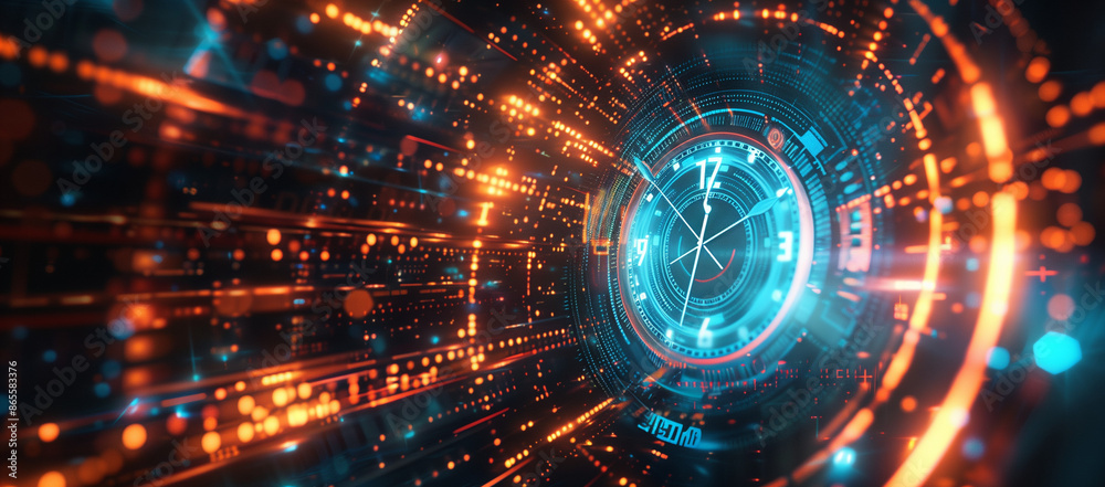 Poster abstract digital background with futuristic time clock and glowing lights, symbolizing speed in data