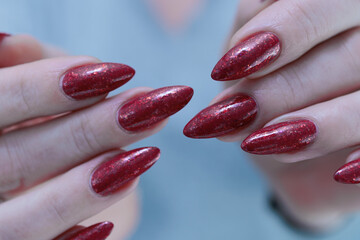 Female hands with long nails and dark black red nail polish